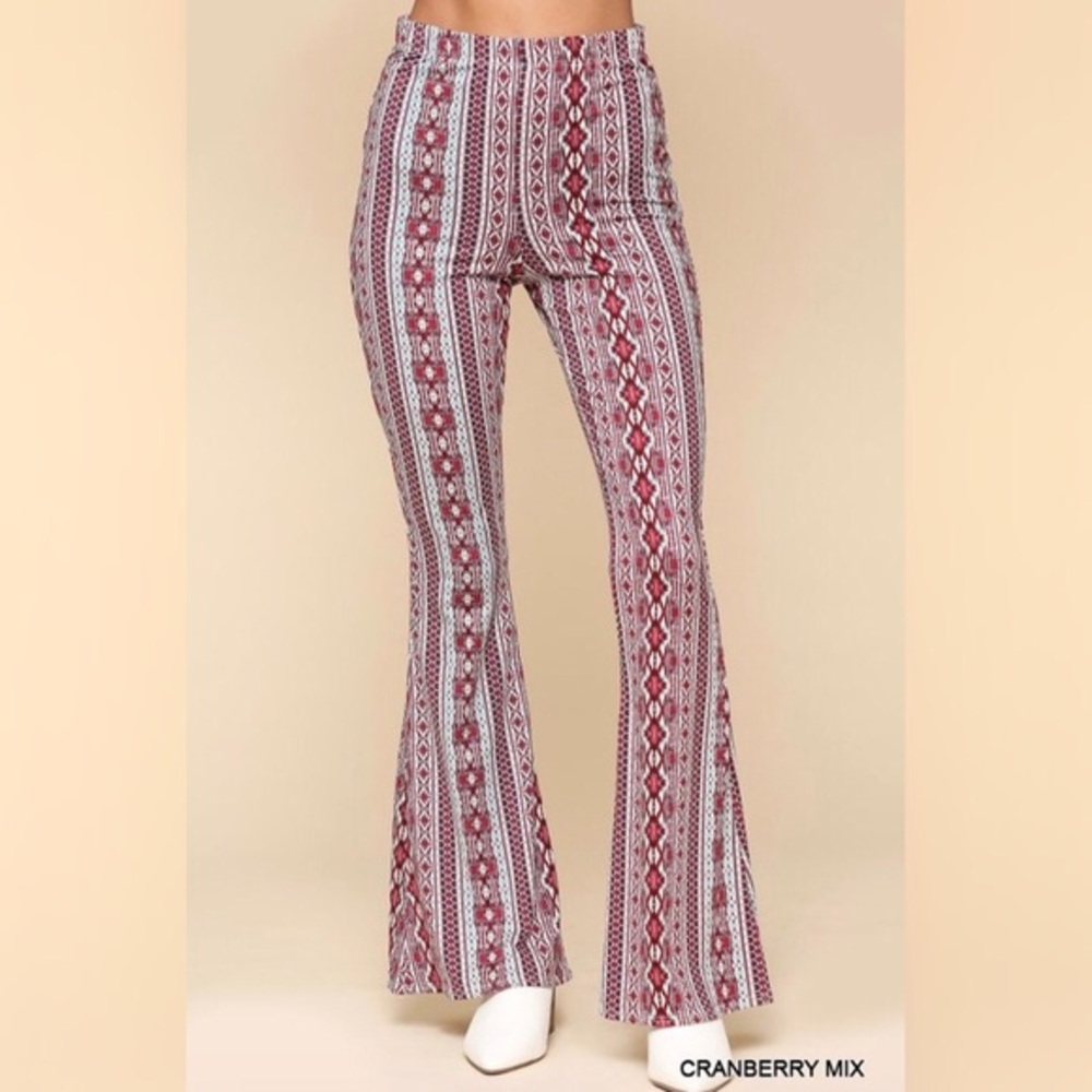 GiGio Burgundy Retro Print Flare Pants | Stretch High Rise | Fall Boho Statement - Picture 5 of 11